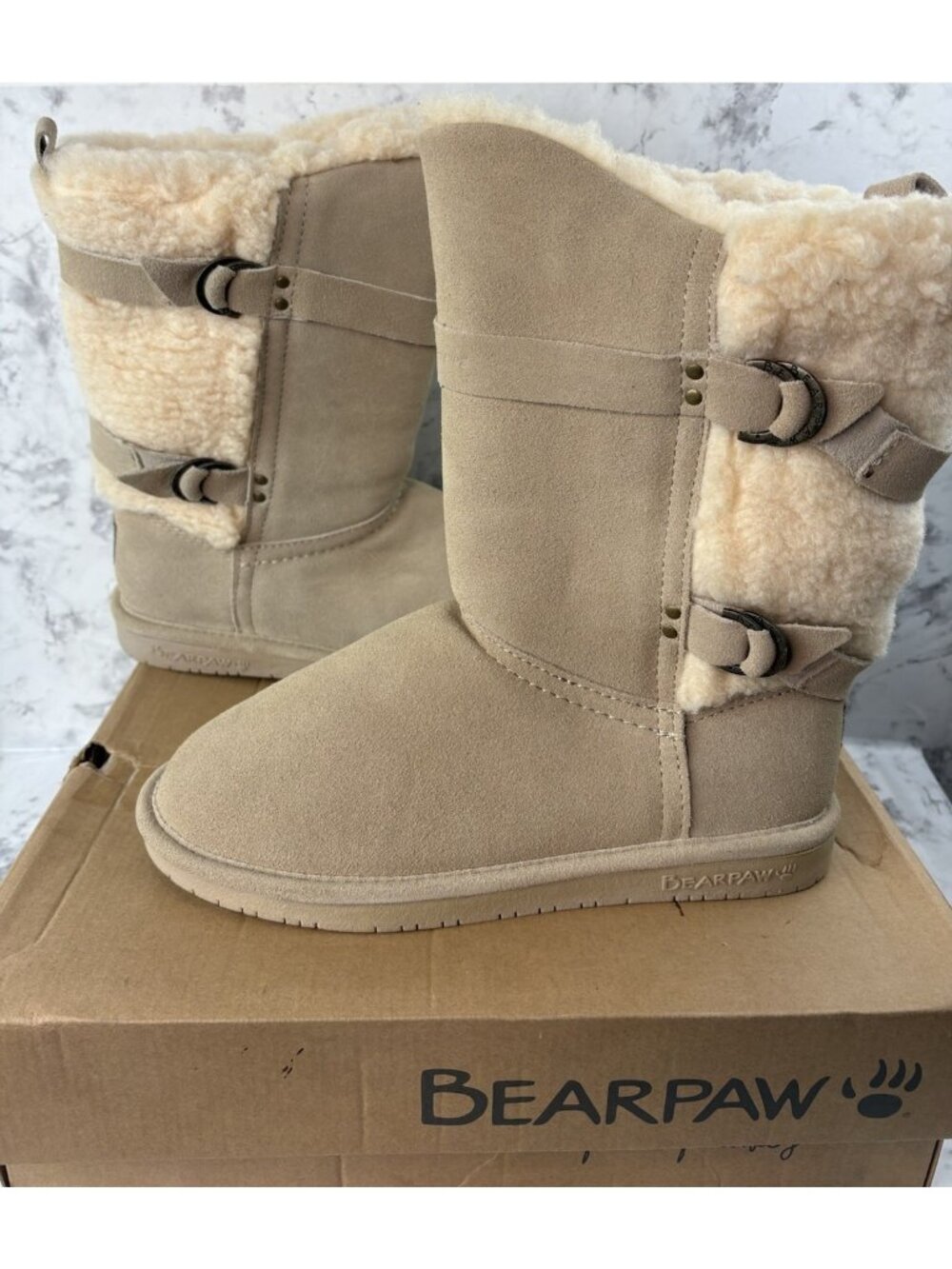 *New Bearpaw Mid Calf Boots Shearling Wool Lined Womens US 10 Tan Suede Leather - Picture 1 of 13